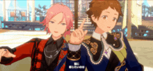 two anime characters are standing next to each other and one of them is pointing up .