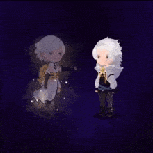 a cartoon character is holding a sword in front of a ghost of another character .