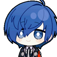 a cartoon of a person with blue hair and white eyes