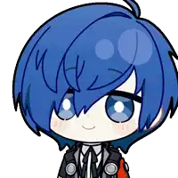 a cartoon of a person with blue hair and white eyes