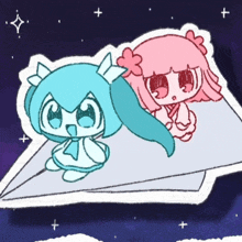 a drawing of two girls sitting on a paper airplane with a star in the background