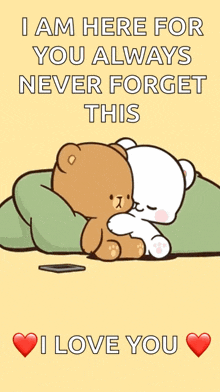 a cartoon of two bears hugging each other with the words `` i am here for you always never forget this ''