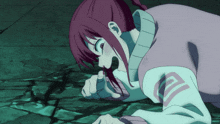 a girl with purple hair is laying on the ground with her mouth open