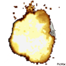 a pixel art of a large explosion with smoke coming out of it on a white background .