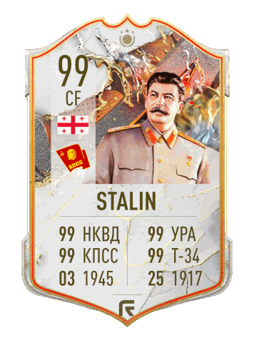 a card with a picture of a man named stalin