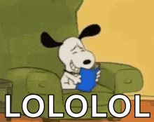 snoopy is sitting in a chair reading a book and says lololol .