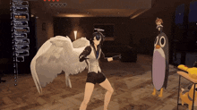 a cartoon character with white wings is standing in a living room