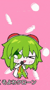 a cartoon character with green hair is on a pink background with japanese writing