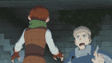 a boy with a green scarf around his neck stands next to a boy with a blue armor
