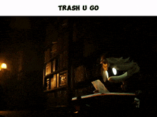 a cartoon character is holding a piece of paper with the words trash u go written on it