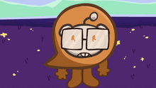 a cartoon character with glasses and a speech bubble on his head