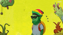 a cartoon of a man holding a torch next to a frog .