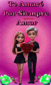 a cartoon of a boy and a girl holding a heart with the words te amaré por siempre amor above them