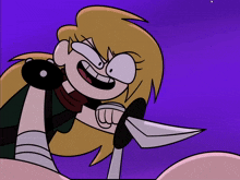 a cartoon of a girl holding a knife with a purple background