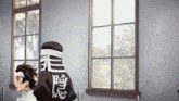 two anime characters are standing in front of a window with chinese writing on their backs