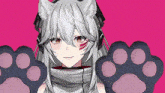 a girl with cat ears and paws is wearing headphones and a scarf