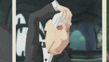 a cartoon of a man in a suit talking on a phone .