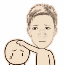 a cartoon of a man putting his hand on another person 's head .