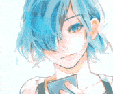 a drawing of a girl with blue hair holding a phone