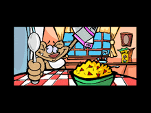 a cartoon drawing of a person holding a spoon and a bowl of food