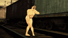 a naked man is standing on a train track in front of a train car with the number 1856