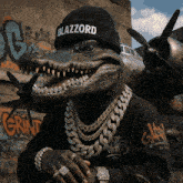 a crocodile wearing a beanie that says blazzord
