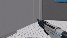 a screenshot of a video game shows a character holding a gun with a red shield that says gp24