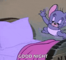 a cartoon mouse is sitting on top of a bed and waving .