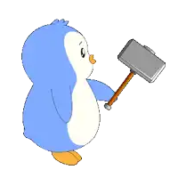 a blue and white penguin is holding a hammer in its right hand