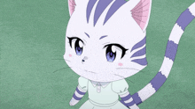 a white cat with purple stripes on it 's fur
