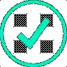 a green check mark in a blue circle with black squares .