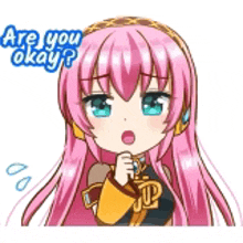 a girl with pink hair and green eyes is wearing headphones and asking are you okay .