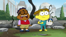 two cartoon characters standing next to each other with one holding a penguin