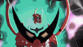 a cartoon drawing of a monster with horns and a red head