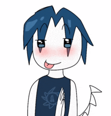 a drawing of a boy with blue hair wearing a shirt with the letter u on the front