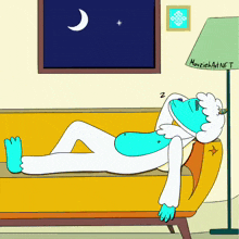 a cartoon of a yeti sleeping on a couch next to a lamp that says moviechain nft