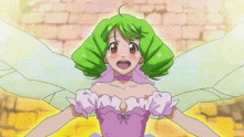 a girl with green hair is wearing a pink dress and wings