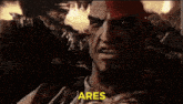 a close up of a video game character with the word ares in yellow