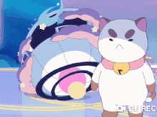 a cartoon cat is standing in front of a purple and pink object