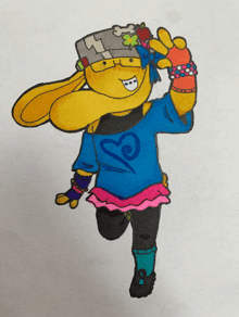 a drawing of a yellow cartoon character with a blue shirt with a heart on it