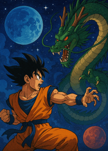 a drawing of a man fighting a dragon with a blue moon in the background