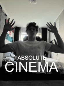 a poster for absolute cinema shows a man in a bedroom
