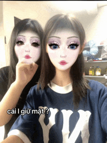 a girl wearing a ny shirt is standing next to another girl wearing a mask