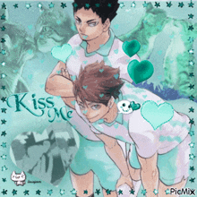 a picture of two boys with hearts and the words kiss me on the bottom