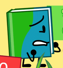 a cartoon drawing of a book with a face and a green and blue cover