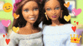 two barbie dolls standing next to each other with hearts and a crown in the background