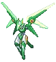 a pixel art of a green robot with wings flying in the air on a white background .