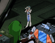 a cartoon drawing of a woman holding a megaphone and another woman sitting in a car