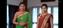 two women in saris are standing next to each other in a living room . one of the women is wearing a green saree .