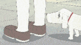 a cartoon of a person standing next to a white dog
